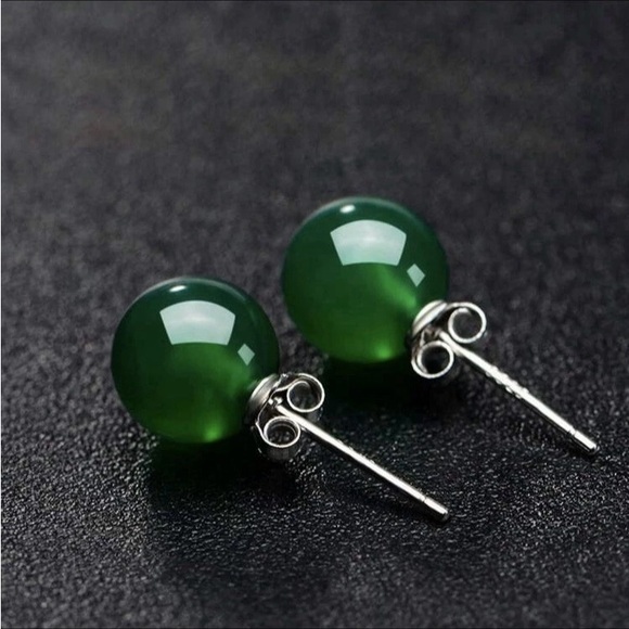 Jewelry - Green Jadeite 925 Silver Ball Stud Earrings
